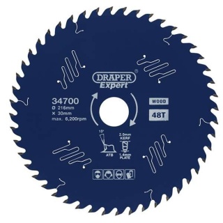 34700 | Draper Expert TCT Circular Saw Blade for Wood with PTFE Coating 216 x 30mm 48T