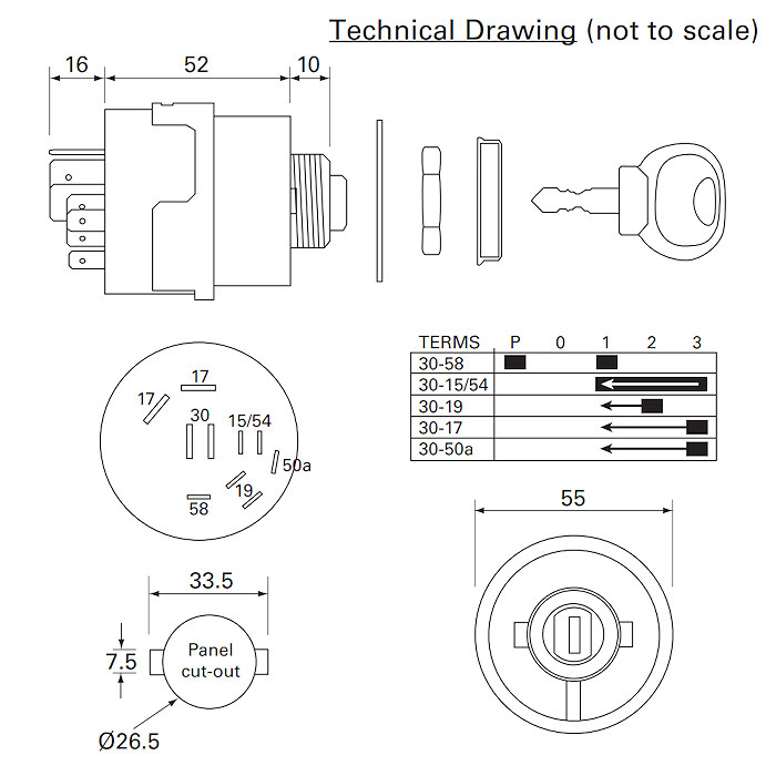 0-351-56 | Durite 12-24VDC 5 Pos. Ignition Key Switch 14607