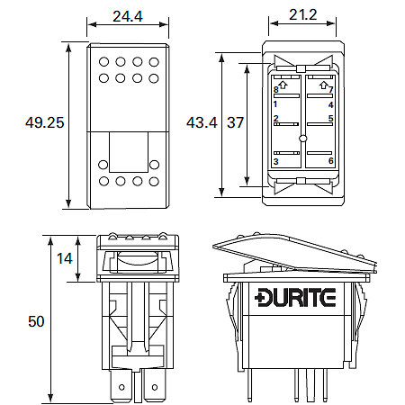 0-784-52 | Durite On-Off-On SP LED Rocker Switch - 2 Lit