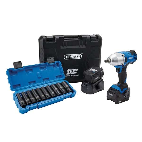 04791 | D20 20V Brushless Mid-Torque Impact Wrench Kit 1/2'' Square Drive & Metric Deep Impact Socket Set (10 Piece)