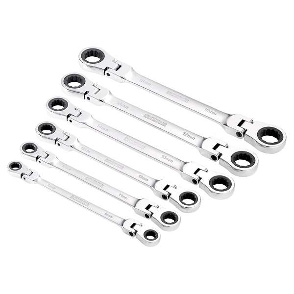 27762 | Draper HI-TORQ® Metric Flexible Head Double Ring Ratchet Spanner Set (6 Piece)