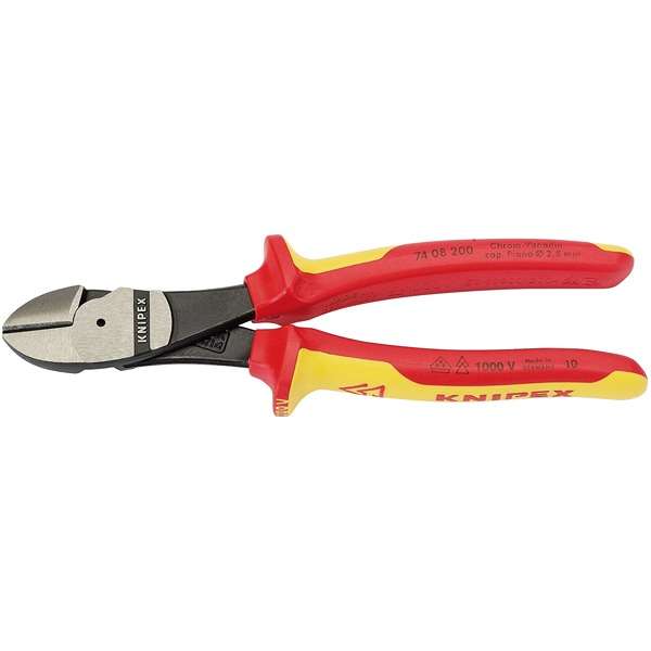 31929 | Knipex 74 08 200UKSBE VDE Fully Insulated High Leverage Diagonal Side Cutters 200mm