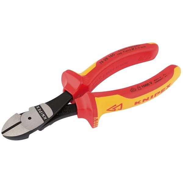 32022 | Knipex 74 08 160UKSBE VDE Fully Insulated High Leverage Diagonal Side Cutters 160mm